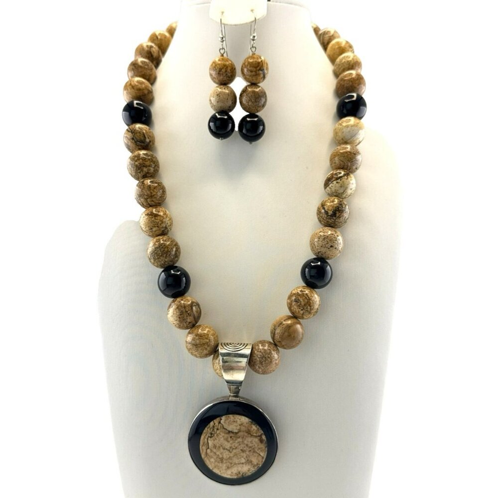 Jay King Necklace Earrings Set Onyx Jasper Sterling Silver Beaded 925 Black Tan